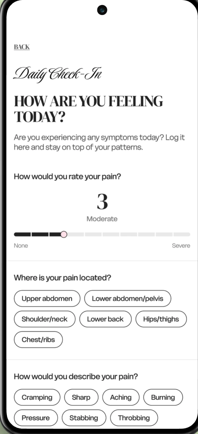 Sister Health daily check-in screen: rate your pain from none to severe, choose where it's located, and describe how it feels.