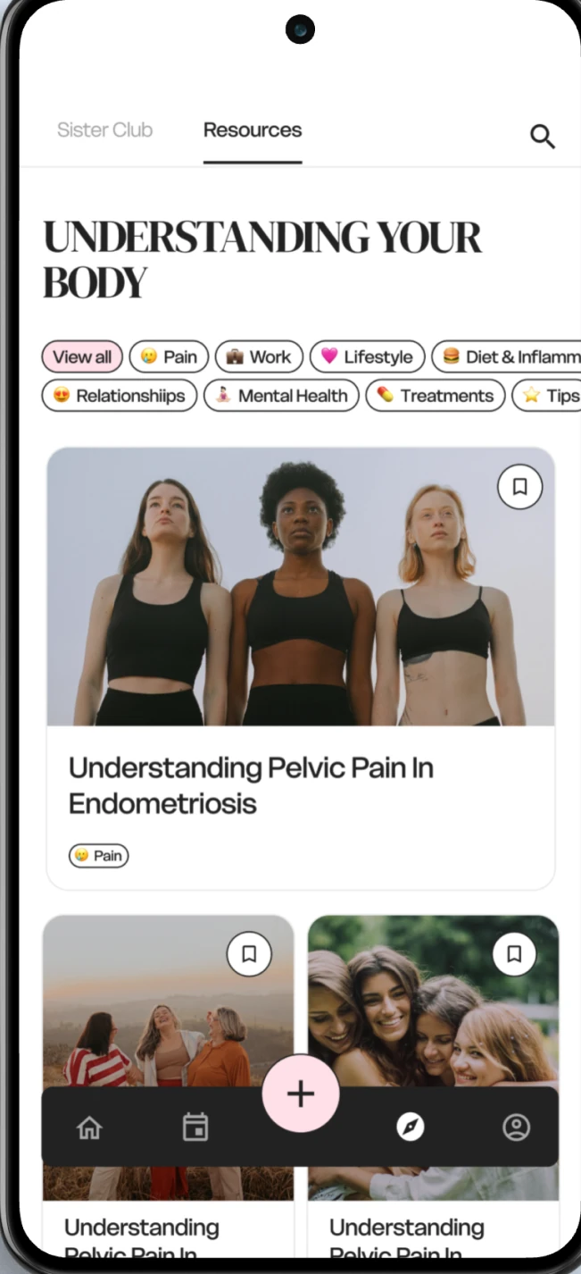 Sister Health resource library titled 'Understanding your body' with category filters and article cards, next to a Sister Club community tab (coming soon).